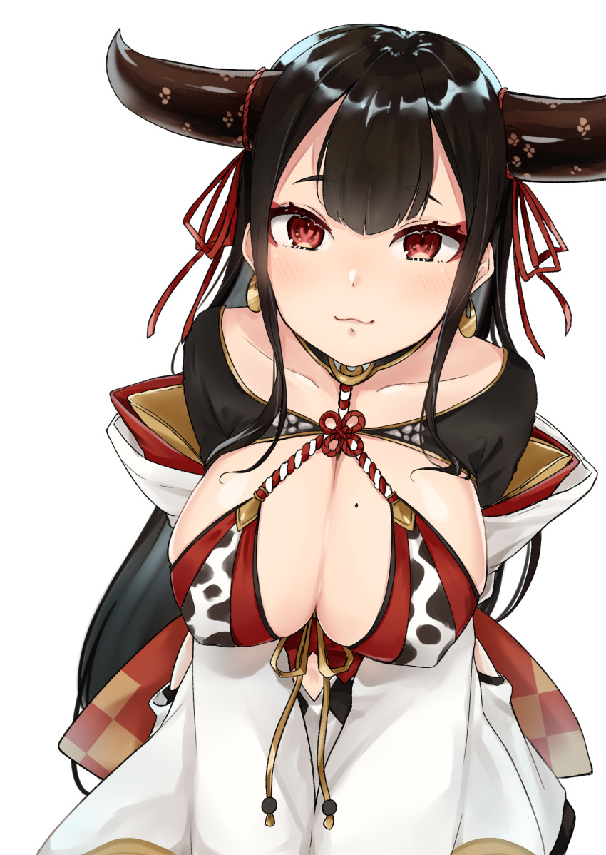 1girl :3 animal_print bangs black_hair blush bra breasts cleavage collarbone cow_horns cow_print detached_sleeves earrings erect_nipples highres horn_ribbon horns japanese_clothes jewelry large_breasts leaning_forward long_hair long_sleeves looking_at_viewer mole mole_on_breast re:act red_bra red_eyes ribbon samiharu shrug_(clothing) simple_background skirt smile solo underwear ushio_tia v_arms very_long_hair virtual_youtuber white_background white_skirt wide_sleeves yellow_ribbon
