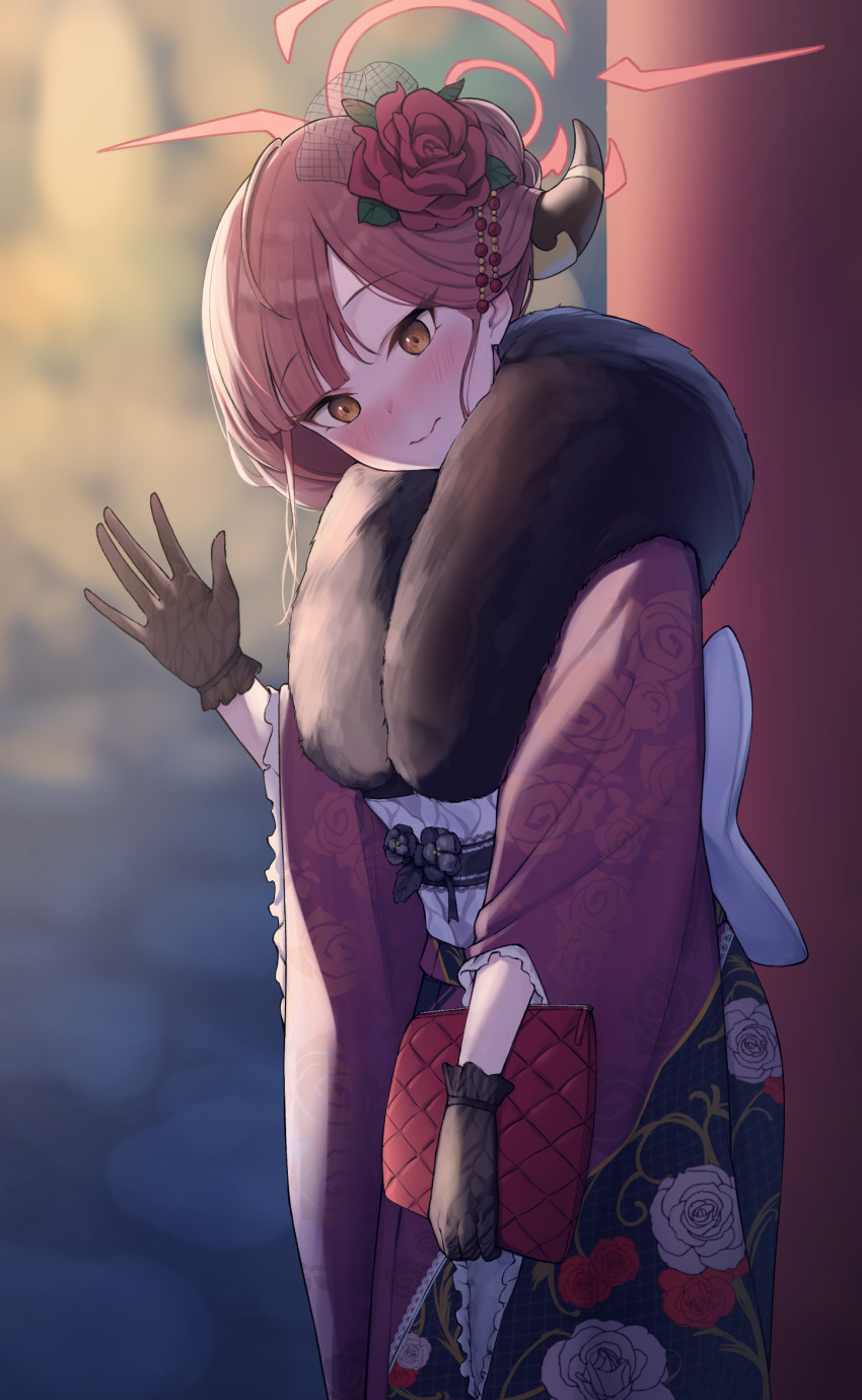 1girl aru_(blue_archive) aru_(new_year)_(blue_archive) black_gloves blue_archive blush brown_eyes brown_horns brown_kimono closed_mouth demon_horns floral_print flower fur-trimmed_kimono fur_trim gloves hair_flower hair_ornament halo highres horns japanese_clothes kimono long_sleeves obi official_alternate_costume pink_hair pink_halo print_kimono qoray7 red_flower sash short_hair solo wide_sleeves