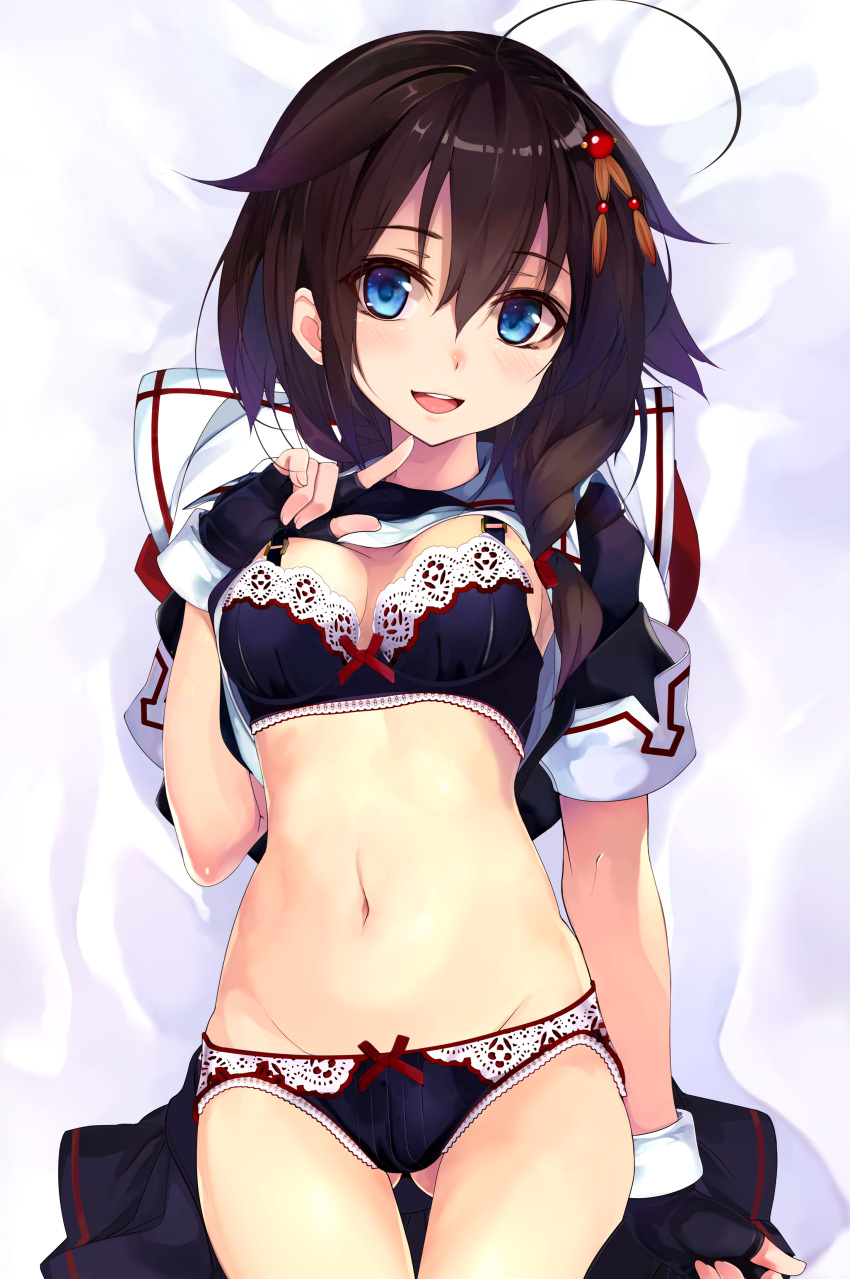 1girl absurdres ahoge arm_at_side bangs bed_sheet black_bra black_gloves black_panties black_skirt blouse blue_eyes bow bow_bra bow_panties bra braid breasts brown_hair censored collarbone dakimakura fingerless_gloves from_above gloves groin hair_flaps hair_ornament hand_up highres huge_filesize kantai_collection lace lace-trimmed_bra lace-trimmed_panties long_hair looking_at_viewer lying medium_breasts navel on_back open_clothes open_mouth panties pleated_skirt remodel_(kantai_collection) ribbon-trimmed_bra ribbon-trimmed_panties sailor_collar shigure_(kantai_collection) shirokitsune shirt_lift short_sleeves sidelocks single_braid skirt skirt_around_one_leg skirt_removed smile stomach underwear underwear_only