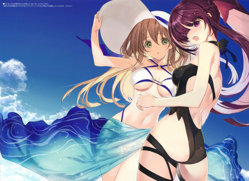 2girls absurdres ass bikini black_swimsuit blue_sky blush breasts brown_hair cowboy_shot criss-cross_halter day dutch_angle eyebrows_visible_through_hair from_behind girls_frontline green_eyes halterneck hand_on_headwear hat head_tilt highleg highleg_bikini highres huge_filesize large_breasts long_hair looking_at_viewer looking_back m1903_springfield_(girls_frontline) medium_breasts multiple_girls nakamura_takeshi navel o-ring o-ring_bikini o-ring_top one-piece_swimsuit open_mouth outdoors ponytail purple_hair sarong scan sky stitched sun_hat swimsuit thigh_gap thigh_strap third-party_edit violet_eyes wa2000_(girls_frontline) white_bikini