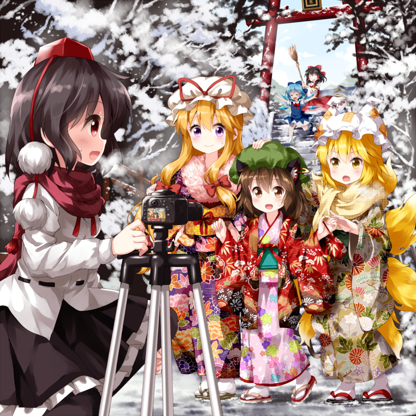 6+girls :d ^_^ alternate_costume animal_ear_fluff animal_ears ascot bag beige_kimono black_footwear black_hair black_legwear black_skirt blank_eyes blonde_hair blue_bow blue_dress blue_hair blue_sky blush bow bowtie breasts breath broom brown_eyes brown_hair camera cat_ears checkered checkered_scarf chen cirno closed_eyes closed_eyes commentary_request day detached_sleeves dress earrings feet_out_of_frame floral_print fox_tail frilled_bow frills from_side full_body fur_trim green_hat green_sash grey_footwear hair_bow hakurei_reimu hakurei_shrine hand_on_another's_head haori hat hat_ribbon highres holding holding_bag holding_broom ice ice_wings japanese_clothes jewelry kimono kneehighs long_sleeves looking_at_another mary_janes medium_breasts mob_cap multiple_girls multiple_tails neck_ribbon obi ofuda open_mouth outdoors outstretched_arms petticoat pillow_hat pinafore_dress pink_kimono pom_pom_(clothes) profile purple_kimono red_bow red_eyes red_footwear red_neckwear red_ribbon red_scarf red_skirt ribbon ribbon-trimmed_sleeves ribbon_trim ruu_(tksymkw) sandals sash scarf shadow shameimaru_aya shirt shoes sidelocks skirt sky smile snow stairs standing sweat tail tassel tokin_hat torii touhou unmoving_pattern violet_eyes white_hat white_legwear white_shirt wide_sleeves wings yakumo_ran yakumo_yukari yellow_neckwear yellow_sash yellow_scarf