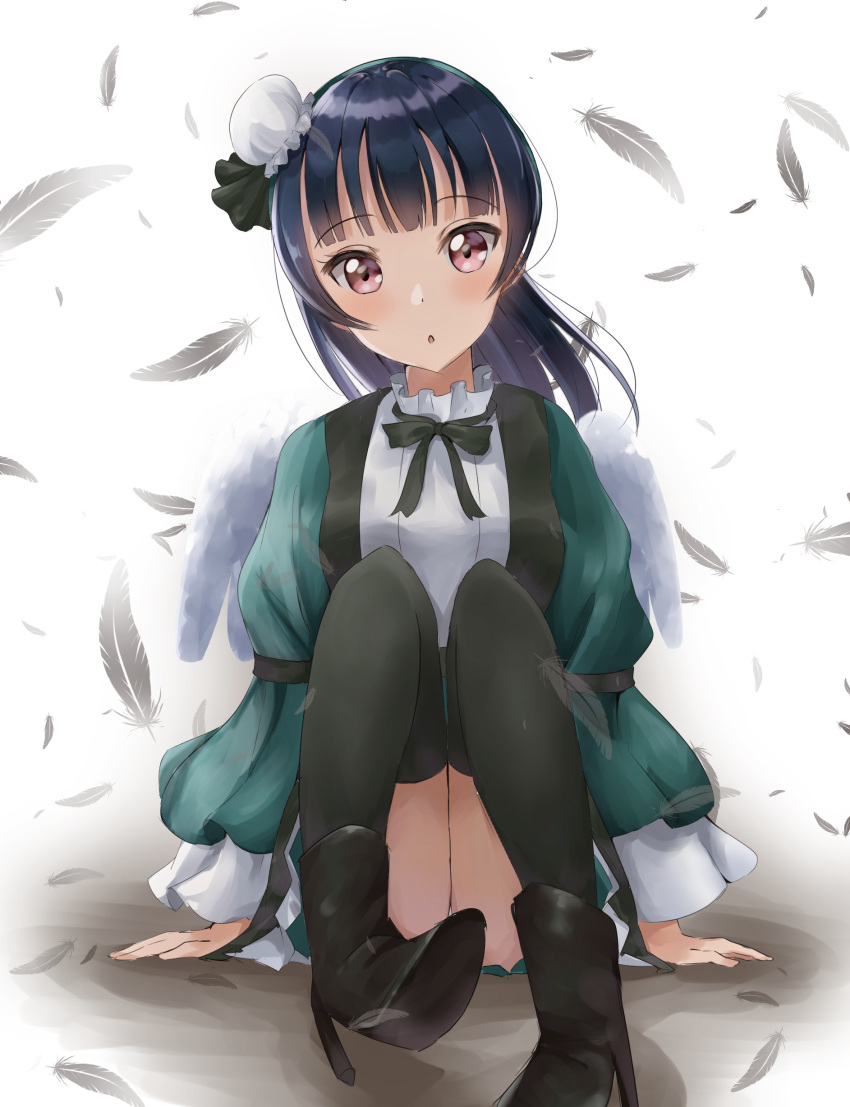 1girl :o absurdres ass black_footwear black_hairband black_legwear black_ribbon blue_hair blush boots breasts bun_cover commentary_request feathers green_jacket hair_bun hair_ribbon hairband head_tilt high_heel_boots high_heels highres jacket long_hair long_sleeves looking_at_viewer love_live! love_live!_sunshine!! panties panty_peek parted_lips red_eyes ribbon shoe_soles sin_(sin52y) sitting small_breasts solo thigh-highs thighhighs_under_boots tsushima_yoshiko underwear white_background white_panties wide_sleeves