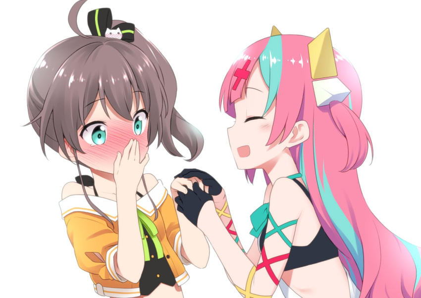 2girls ahoge blue_eyes blush bra brown_hair closed_eyes collarbone commentary_request covering_mouth gloves hair_ornament hand_holding hololive kannazuki_genshi long_hair multicolored_hair multiple_girls natsuiro_matsuri open_mouth pink_hair pinky_pop_hepburn pinky_pop_hepburn_official portrait side_ponytail simple_background tears underwear virtual_youtuber white_background