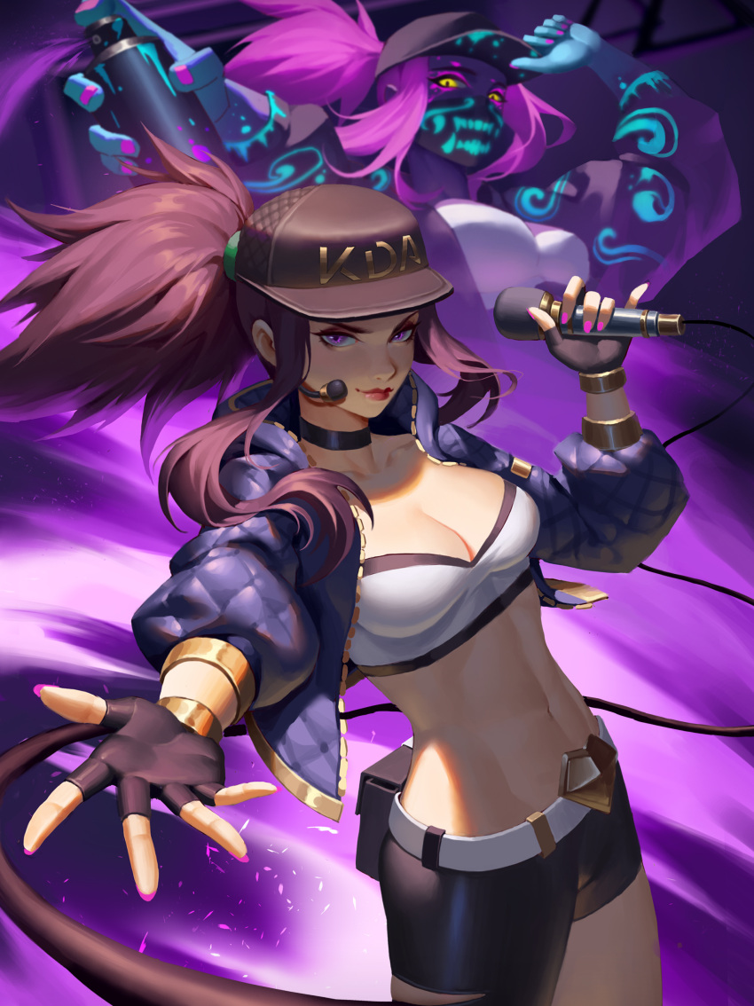 1girl absurdres akali baseball_cap belt black_shorts bracelet breasts brown_hair choker cleavage commentary_request hat highres holding holding_microphone idol jacket jewelry k/da_(league_of_legends) k/da_akali league_of_legends lipstick long_hair looking_at_viewer makeup mask medium_breasts microphone midriff nail_polish navel outstretched_hand ponytail shorts smile solo spray_can standing ultraviolet_light violet_eyes white_belt yus