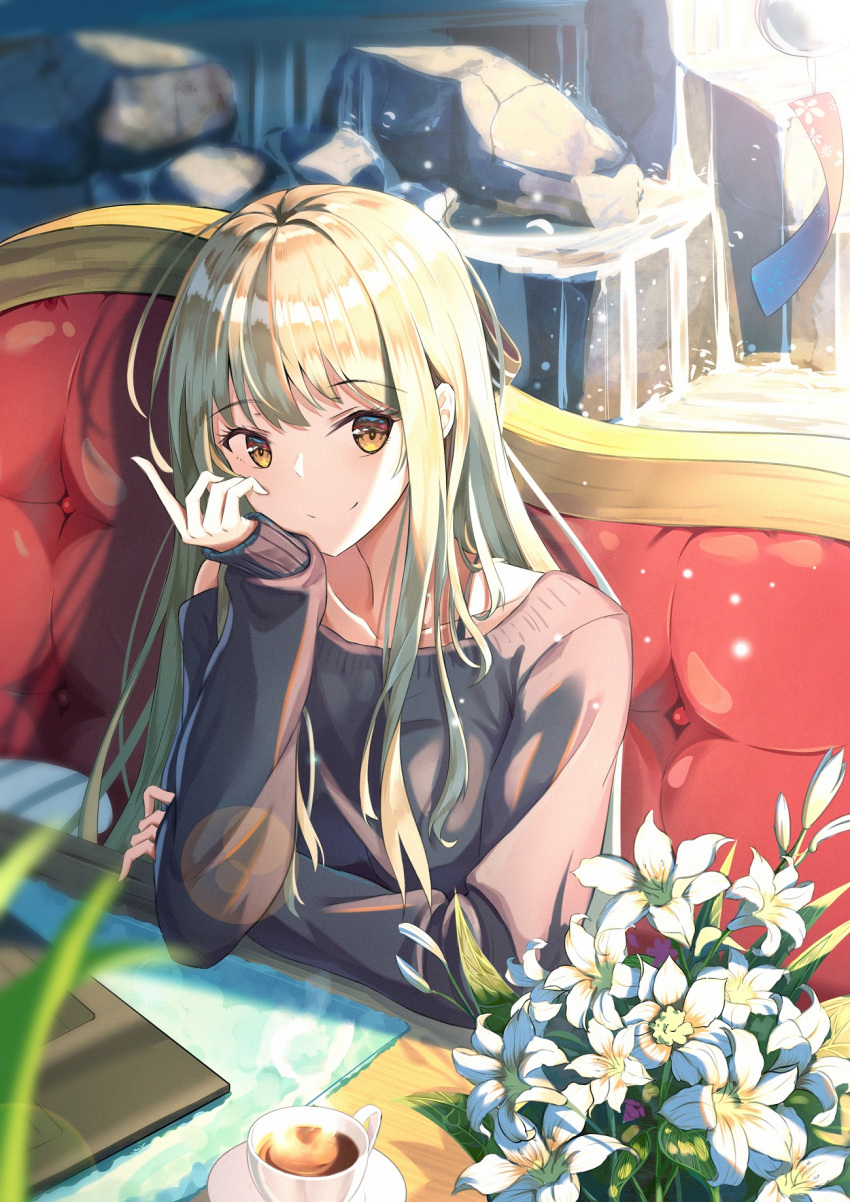 1girl bangs black_sweater blonde_hair blush bouquet bra_strap breasts brown_eyes closed_mouth collarbone computer couch cup day eyebrows_visible_through_hair flower highres laptop lens_flare long_hair long_sleeves looking_at_viewer medium_breasts mobu_(wddtfy61) on_couch original rock shiny shiny_hair sitting sleeves_past_wrists smile solo sunlight sweater tablecloth tea teacup upper_body water white_flower wind_chime wooden_table