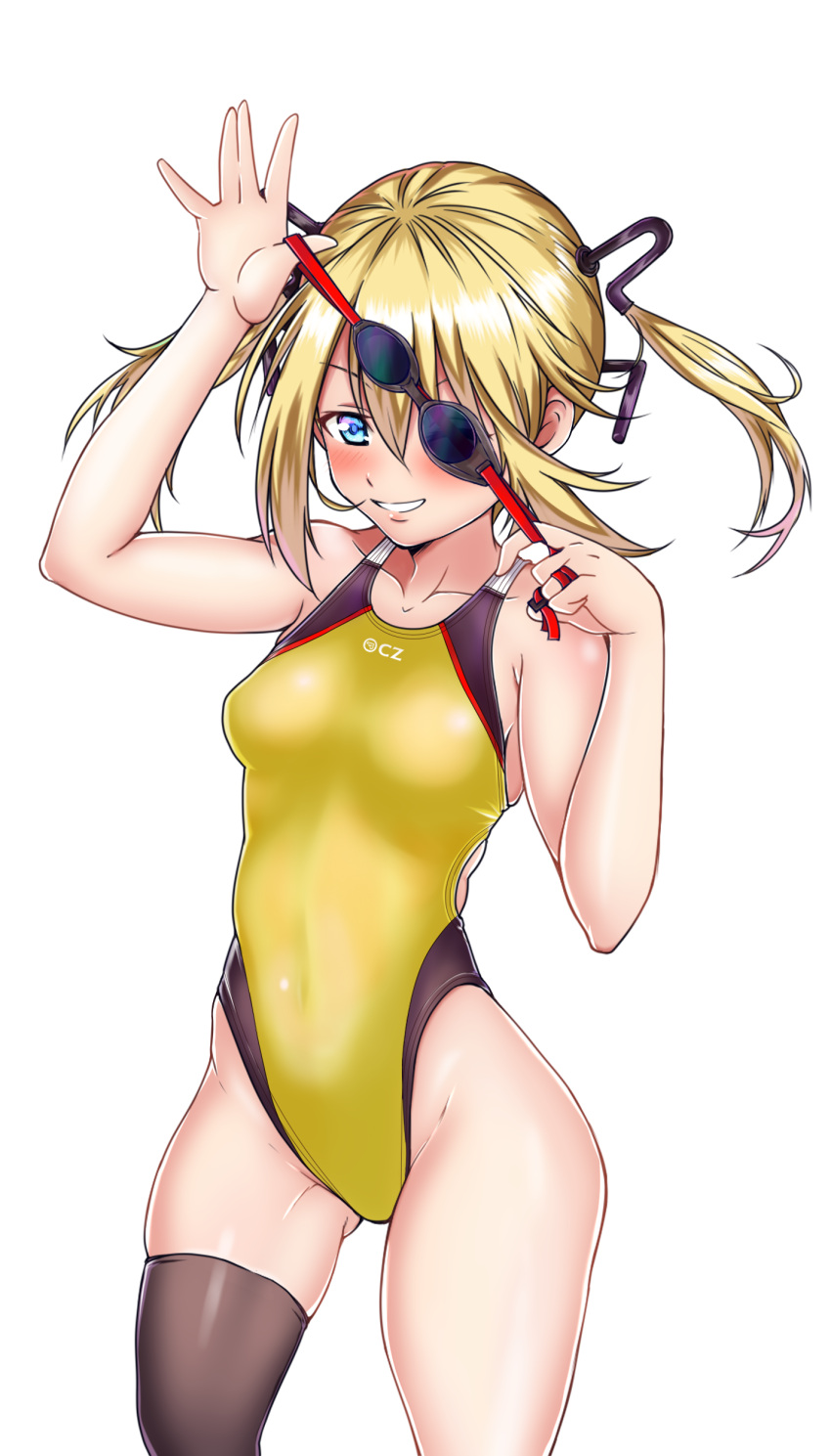 1girl absurdres aiuchi black_legwear blonde_hair blue_eyes character_request collarbone commentary_request competition_swimsuit cowboy_shot girls_frontline goggles highleg highleg_swimsuit highres long_hair looking_at_viewer one-piece_swimsuit parted_lips simple_background single_thighhigh solo swimsuit thigh-highs twintails white_background yellow_swimsuit