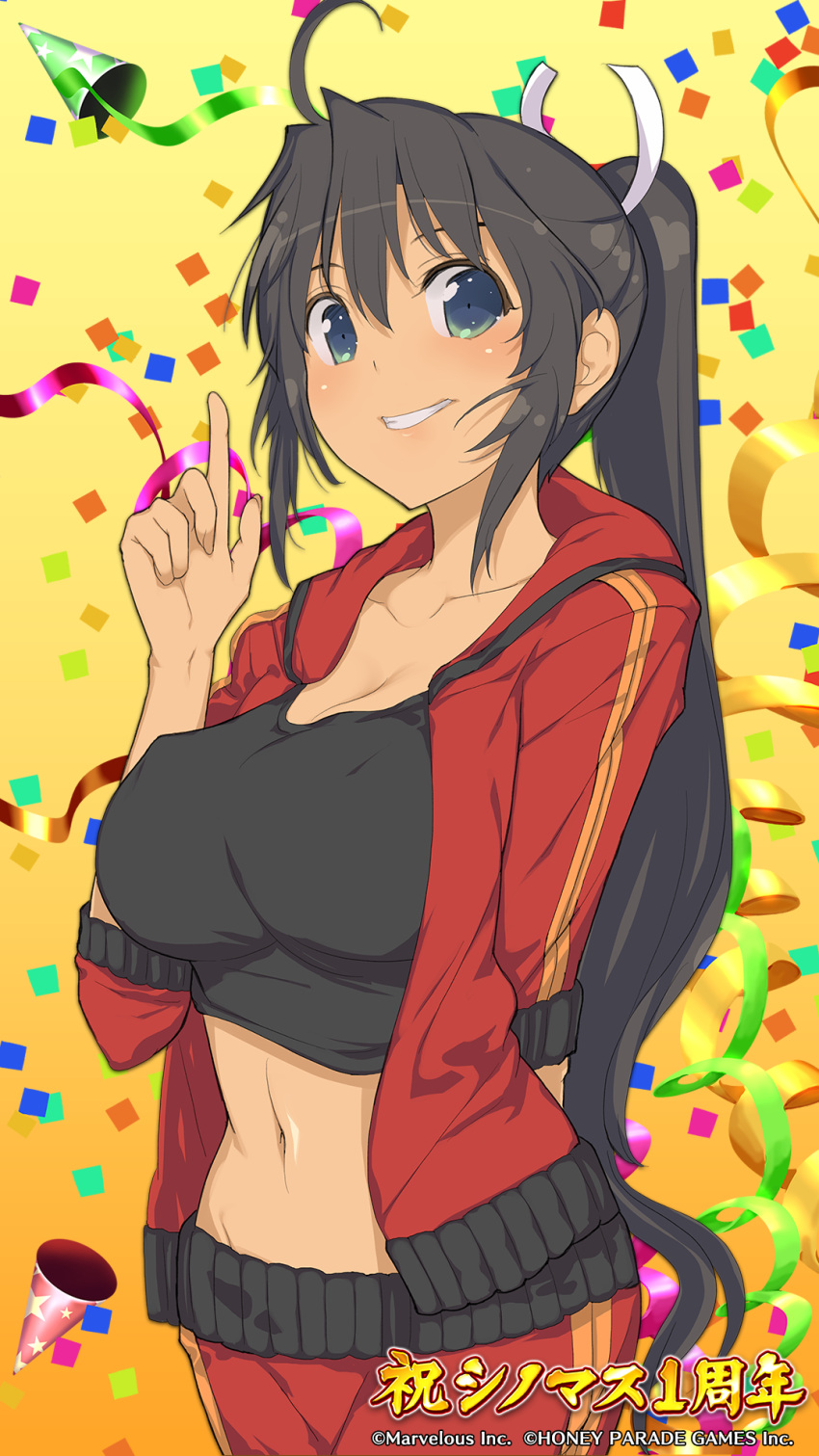 1girl aqua_eyes black_hair breasts crop_top grin hair_ribbon highres homura_(senran_kagura) jacket large_breasts long_hair looking_at_viewer midriff navel official_art open_clothes open_jacket pants ponytail ribbon senran_kagura senran_kagura_new_link smile solo tan teeth track_jacket track_pants very_long_hair yaegashi_nan