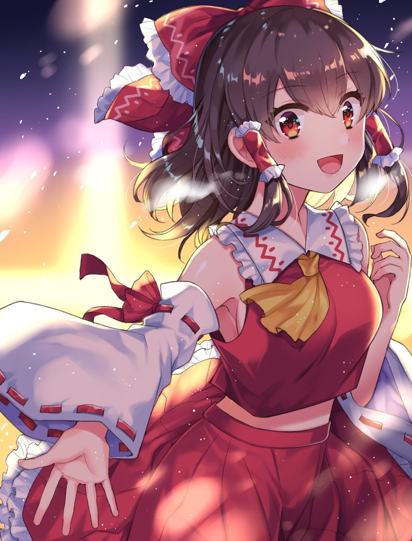 1girl armpits ascot bangs blurry blurry_background bow brown_hair cowboy_shot detached_sleeves eyebrows_visible_through_hair frilled_shirt_collar frilled_skirt frills hair_bow hair_tubes hakurei_reimu highres medium_hair midriff nontraditional_miko open_mouth petticoat red_skirt ribbon-trimmed_sleeves ribbon_trim shina_shina shirt skirt skirt_set sleeveless sleeveless_shirt solo standing touhou wide_sleeves