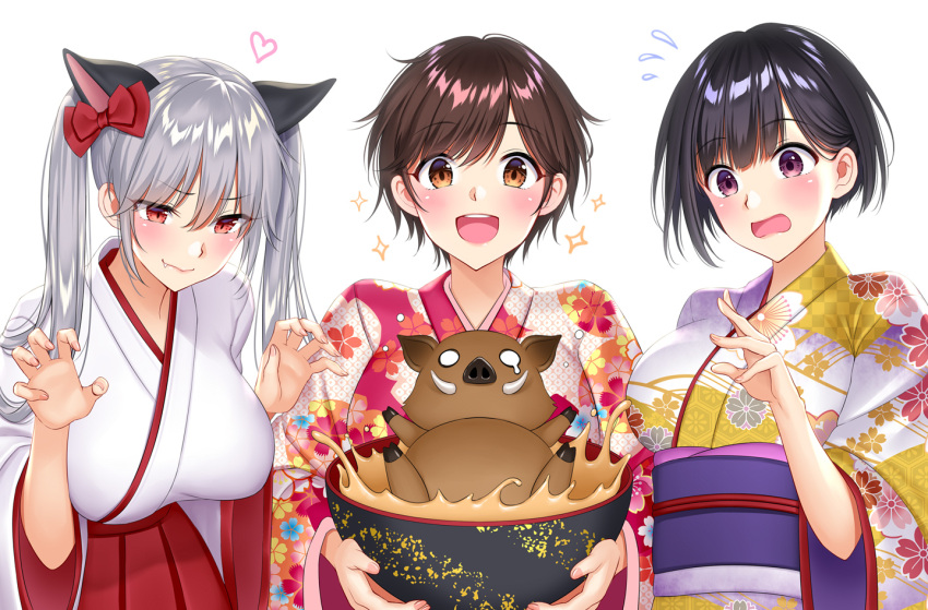 3girls :d animal animal_ears bangs black_hair blush boar bow bowl breasts brown_eyes brown_hair cat_ears chinese_zodiac claw_pose closed_mouth commentary_request eyebrows_visible_through_hair fang floral_print flying_sweatdrops food hair_between_eyes hair_bow hakama hand_up hands_up heart holding holding_bowl japanese_clothes kimono large_breasts long_hair long_sleeves looking_at_viewer multiple_girls new_year o_o obi open_mouth print_kimono red_bow red_eyes red_hakama sash shimashima08123 shiny shiny_hair short_hair sidelocks silver_hair simple_background smile soup sparkle splashing tears tokyo_exe_girls unmoving_pattern upper_body upper_teeth violet_eyes wavy_mouth white_background white_kimono wide_sleeves year_of_the_pig