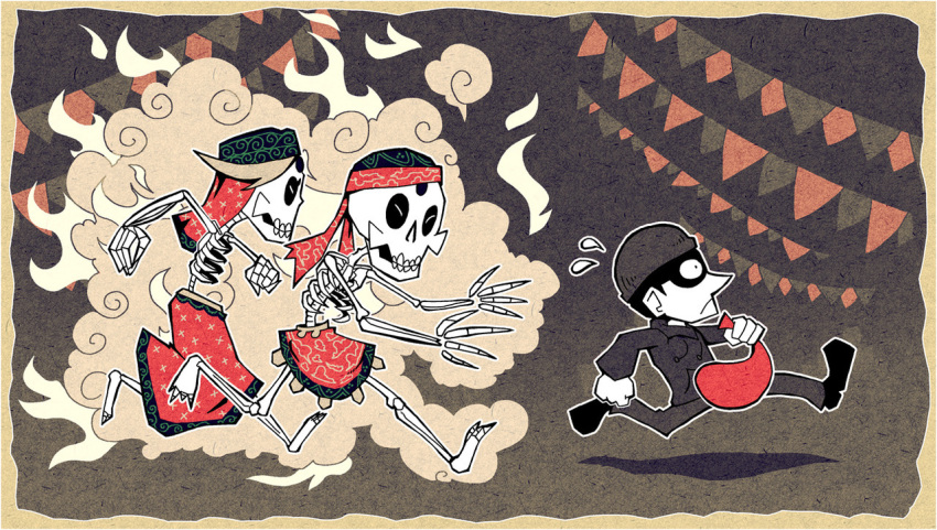 1girl 2boys beanie chibi closed_mouth commentary commission english_commentary flying_sweatdrops from_side hat holding jacket mask multiple_boys original pants red_skirt running setz skeleton skirt string_of_flags thief wide-eyed