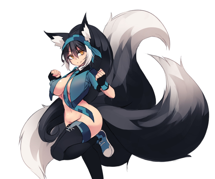 1girl animal_ear_fluff animal_ears between_breasts black_gloves black_hair black_legwear blue_footwear blue_neckwear breasts closed_mouth fingerless_gloves fox_ears fox_tail gloves hairband highres large_breasts large_tail long_hair looking_at_viewer naked_shirt navel necktie necktie_between_breasts orange_eyes original ponytail shirt shoes short_sleeves simple_background smile sneakers solo standing standing_on_one_leg sub-res tail thigh-highs white_background
