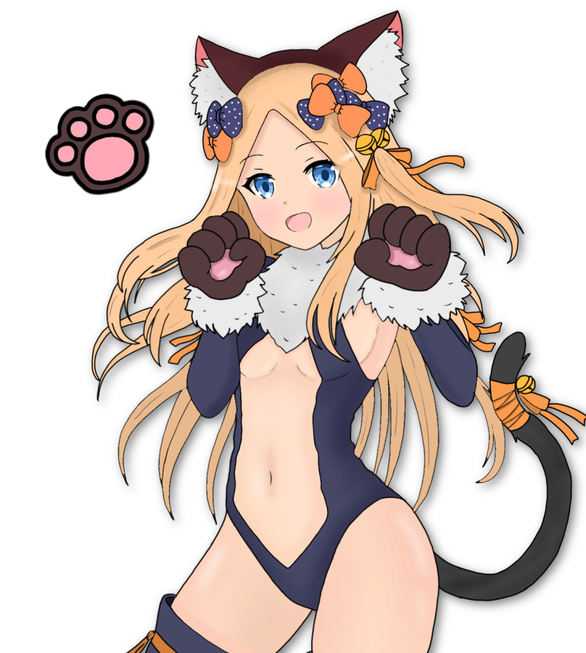 1girl abigail_williams_(fate/grand_order) animal_ears atsumisu bangs bare_shoulders bell black_bow black_leotard blonde_hair blue_eyes blush bow breasts cat_ears cat_tail center_opening commentary_request cosplay fate/grand_order fate/kaleid_liner_prisma_illya fate_(series) forehead fur_collar gloves hair_bow hair_ribbon highres hips illyasviel_von_einzbern illyasviel_von_einzbern_(cosplay) jingle_bell leotard long_hair looking_at_viewer navel open_mouth orange_bow orange_ribbon parted_bangs paw_gloves paws polka_dot polka_dot_bow ribbon simple_background small_breasts smile solo tail thigh-highs thighs two_side_up white_background