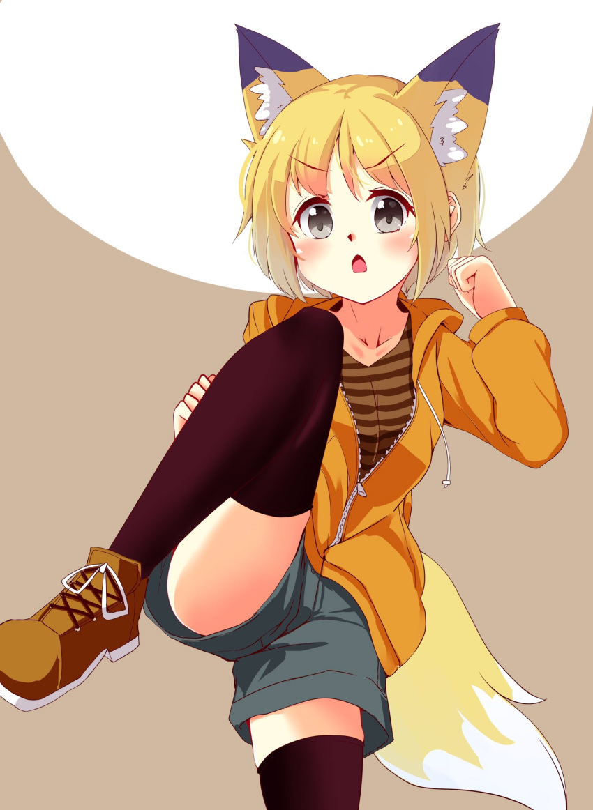 &gt;:o 1girl animal_ears black_legwear blonde_hair borrowed_character brown_background extra_ears fox_ears fox_tail grey_eyes highres hood hood_down hoodie leg_lift long_sleeves orange_hoodie original partially_unzipped shirt shoes short_hair shorts simple_background striped striped_shirt suzune_kou tail thigh-highs two-tone_background white_background