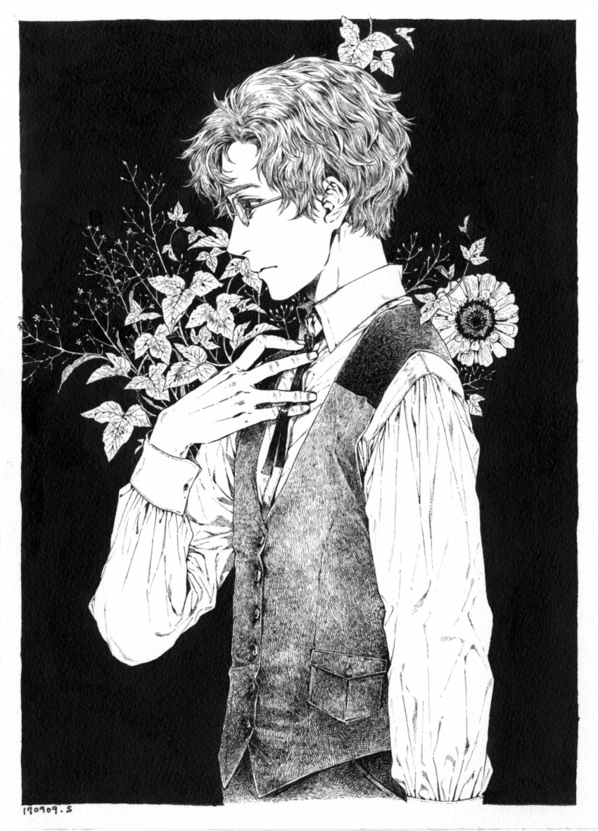 1boy arm_at_side bolo_tie buttons closed_mouth collared_shirt dated eric_leblanc expressionless floral_background flower from_side gisele_alain glasses greyscale hand_on_own_chest highres ink_(medium) kasai_sui long_sleeves looking_away male_focus monochrome pocket profile ribbon shirt solo traditional_media upper_body vest wing_collar