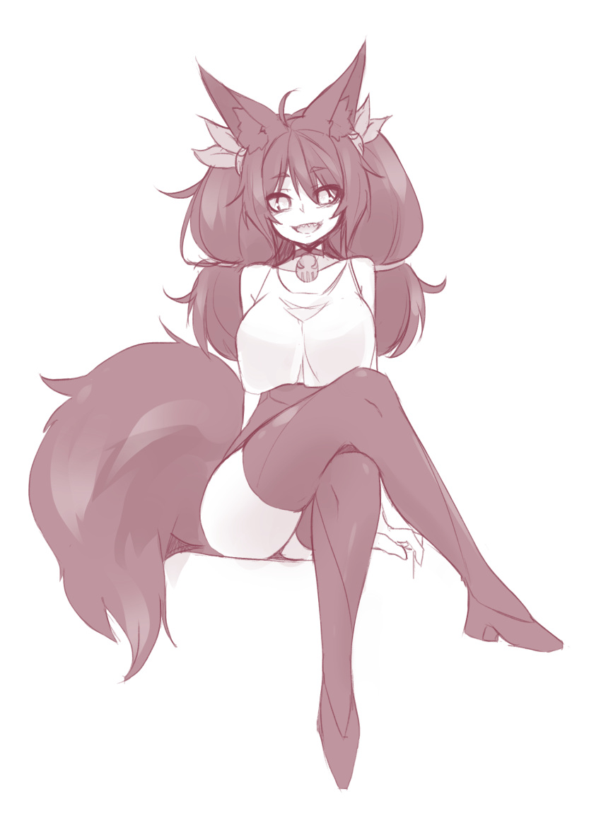 :d absurdres ahoge animal_ear_fluff animal_ears bangs bare_shoulders big_hair breasts camisole choker eyebrows_visible_through_hair fox_ears fox_tail greyscale hair_between_eyes high_heels highres invisible_chair jewelry large_breasts large_tail legs_crossed looking_at_viewer monochrome necklace open_mouth original sharp_teeth short_eyebrows simple_background sitting sketch smile sub-res tail teeth thigh-highs twintails white_background