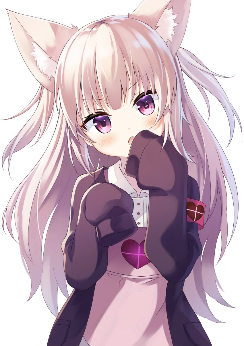 &gt;:o absurdres animal_ear_fluff animal_ears armband cardigan commentary fang heart highres jacket kemonomimi_mode light_brown_hair long_hair long_sleeves natori_sana open_cardigan open_clothes sana_channel satou_(3366_s) simple_background sleeves_past_wrists two_side_up violet_eyes virtual_youtuber white_background wing_collar