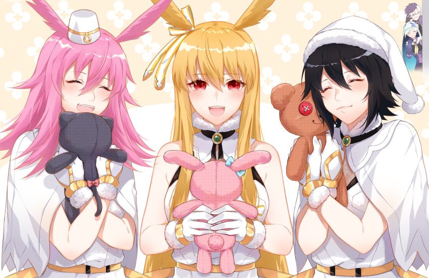 1boy 4girls :d adjusting_eyewear black_hair blonde_hair blue_hair blush brynhildr_(fate) capelet closed_eyes commentary_request dress fate/grand_order fate_(series) fur-trimmed_gloves fur-trimmed_hat fur_trim glasses gloves hair_between_eyes hair_ribbon hat head_wings highres hildr_(fate/grand_order) holding holding_stuffed_animal long_hair mini_hat multicolored_hair multiple_girls open_mouth ortlinde_(fate/grand_order) pink_hair purple_hair red_eyes ribbon rikaya010203 ring_the_bell sailor_dress santa_hat short_hair sigurd_(fate/grand_order) sleeveless sleeveless_dress smile stuffed_animal stuffed_bunny stuffed_cat stuffed_toy teddy_bear thrud_(fate/grand_order) two-tone_hair two-tone_ribbon upper_body valkyrie_(fate/grand_order) very_long_hair white_capelet white_dress white_gloves white_hair white_ribbon yellow_ribbon