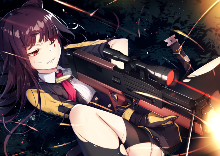 1girl bangs black_gloves black_legwear black_skirt blood blood_on_face bullet bullpup buttons clenched_teeth collared_shirt commentary_request eyebrows_visible_through_hair firing furrowed_eyebrows girls_frontline gloves grass gun holding holding_weapon injury jacket knee_up long_hair long_sleeves looking_away lying miniskirt motion_blur muzzle_flash necktie night on_back one_eye_closed one_side_up open_clothes open_jacket pantyhose parted_lips purple_hair red_eyes red_neckwear rifle scope shirt skirt sniper_rifle solo teeth torn_clothes torn_jacket torn_legwear underbust v-shaped_eyebrows wa2000_(girls_frontline) walther walther_wa_2000 weapon white_shirt yan_(nicknikg)