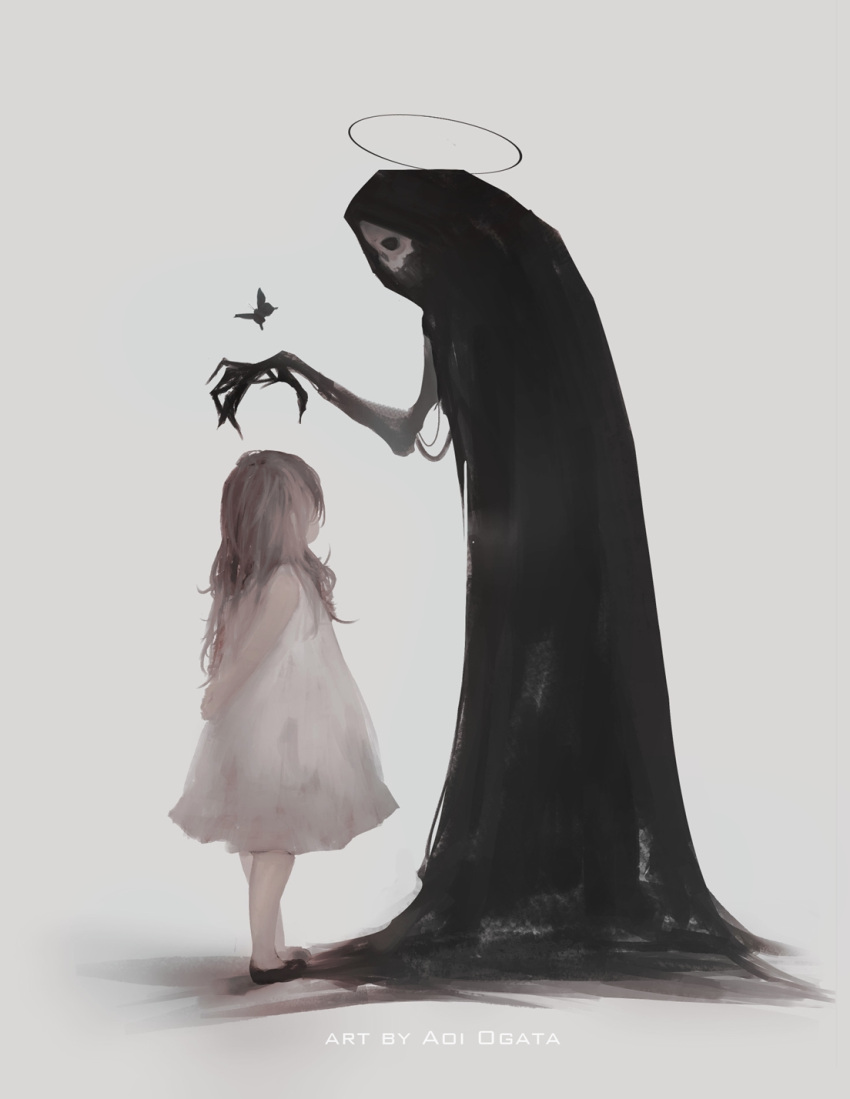 1girl 1other aoi_ogata arms_behind_back black_butterfly brown_hair bug butterfly dress fingernails gradient gradient_background halo highres insect long_fingernails looking_down medium_hair monster original reaching shoes signature size_difference skull standing white_dress