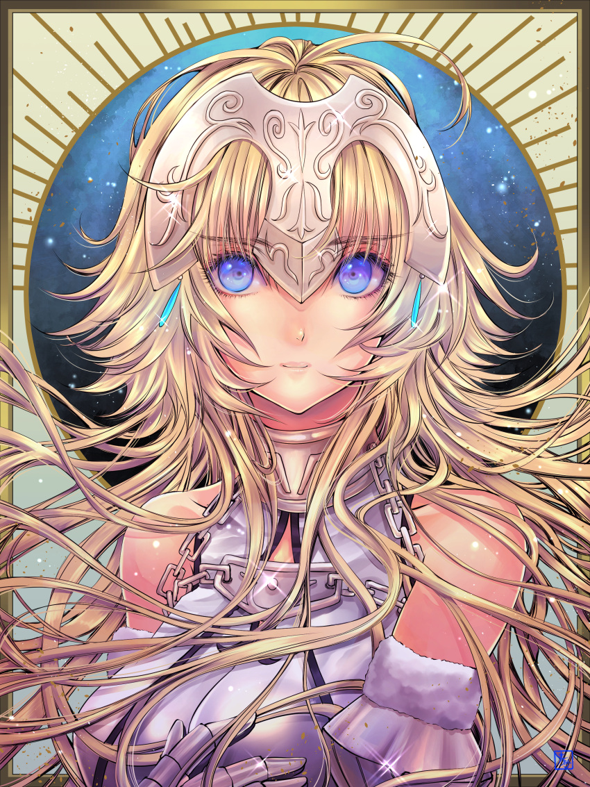 1girl absurdres aosuna blonde_hair blue_eyes breasts breasts_apart chains detached_sleeves eyebrows_visible_through_hair fate/apocrypha fate_(series) floating_hair gauntlets hair_between_eyes headpiece highres jeanne_d'arc_(fate) jeanne_d'arc_(fate)_(all) large_breasts long_hair looking_at_viewer solo sparkle upper_body very_long_hair white_sleeves