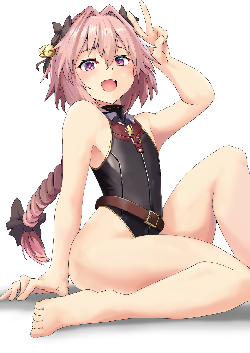 1boy absurdres astolfo_(fate) bangs bare_shoulders barefoot bell belt black_bow black_leotard black_ribbon blush bow braid fang fate/apocrypha fate_(series) feet hair_between_eyes hair_intakes hair_ribbon hand_gesture highleg highleg_leotard highres hips jingle_bell jtleeklm knee_up legs leotard long_braid long_hair looking_at_viewer male_focus multicolored_hair open_mouth pink_hair ribbon simple_background single_braid sitting smile solo streaked_hair thighs trap v violet_eyes white_background
