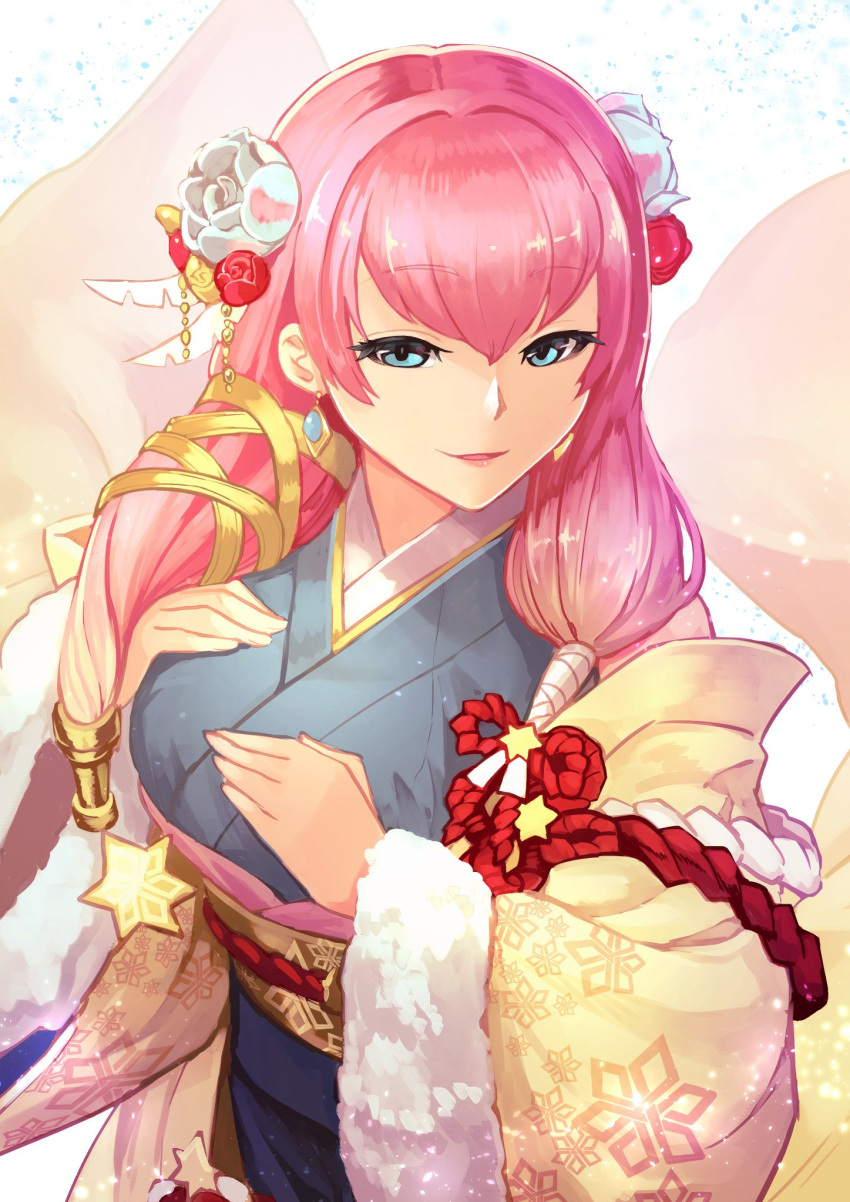 1girl blue_eyes earrings fire_emblem fire_emblem_heroes flower fur_trim gunnthra_(fire_emblem) hair_flower hair_ornament highres japanese_clothes jewelry kimono long_hair long_sleeves nakabayashi_zun nintendo obi parted_lips pink_hair sash solo upper_body wide_sleeves