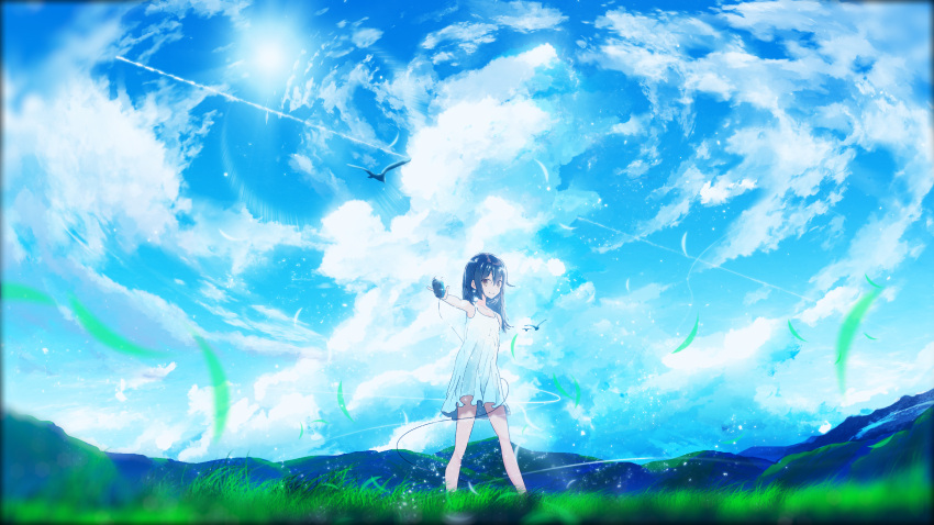 bare_legs bird blue_hair blue_sky blurry blurry_foreground closed_mouth clouds cloudy_sky commentary_request condensation_trail day depth_of_field dress eyebrows_visible_through_hair feet_out_of_frame grass highres holding horizon leaves_in_wind lens_flare looking_at_viewer mountainous_horizon original outdoors scenery sky smile standing string sundress violet_eyes white_dress y_y_(ysk_ygc)