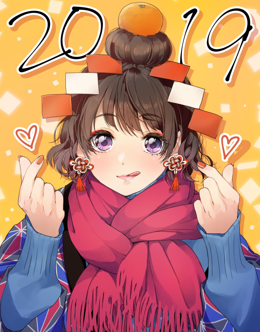 1girl 2019 :q bangs blanket blue_shirt brown_hair character_request commentary_request copyright_request drop_shadow earrings food food_on_head fruit fruit_on_head hair_bun hands_up heart highres jewelry kagami_mochi kate_iwana lips long_sleeves looking_at_viewer mandarin_orange nail_polish new_year object_on_head orange_background red_nails red_scarf scarf shirt short_hair snapping_fingers solo sweatshirt tassel_earrings tongue tongue_out upper_body violet_eyes