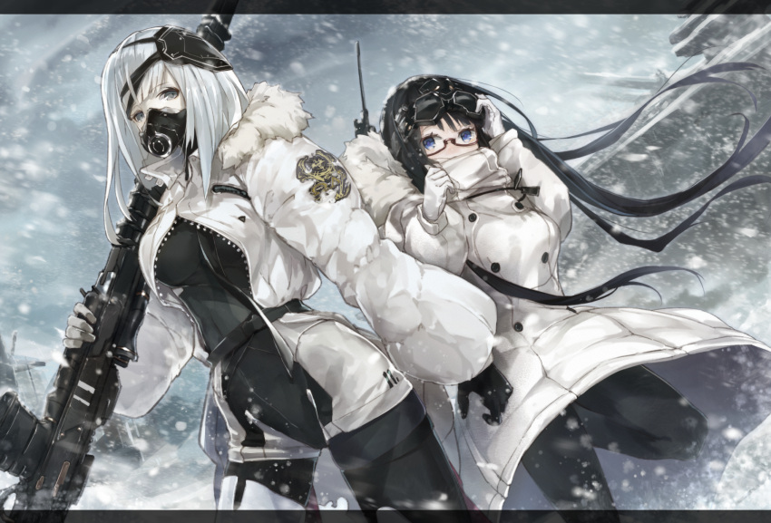2girls bangs belt black_gloves black_hair blue_eyes breasts character_request coat copyright_request cruel_gz eyebrows_visible_through_hair fur-trimmed_coat fur_trim glasses gloves green_eyes gun hair_ornament hairclip highres holding holding_gun holding_weapon jacket large_breasts looking_at_viewer mask mask_on_head multiple_girls original scarf science_fiction silver_hair snow standing standing_on_one_leg weapon white_gloves