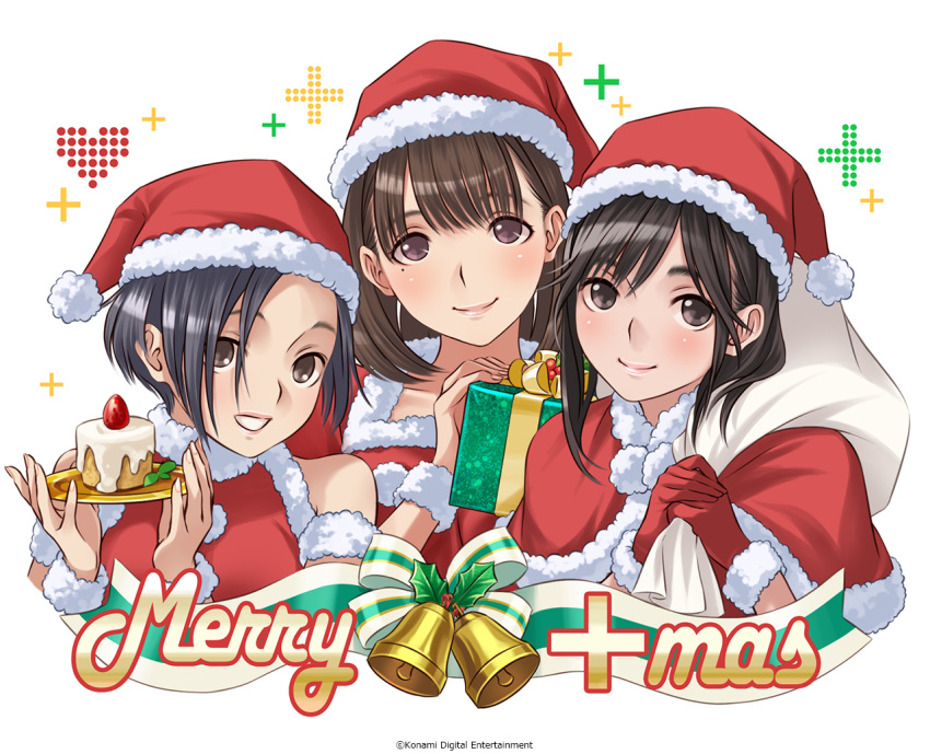 3girls anegasaki_nene bell black_hair box brown_eyes brown_hair cake capelet christmas english_text food fur_trim gift gift_box gloves hat heart holly kobayakawa_rinko konami looking_at_viewer love_plus merry_christmas mino_tarou mole mole_under_eye multiple_girls official_art plus_sign pom_pom_(clothes) red_gloves sack santa_costume santa_hat short_hair shortcake simple_background smile takane_manaka white_background