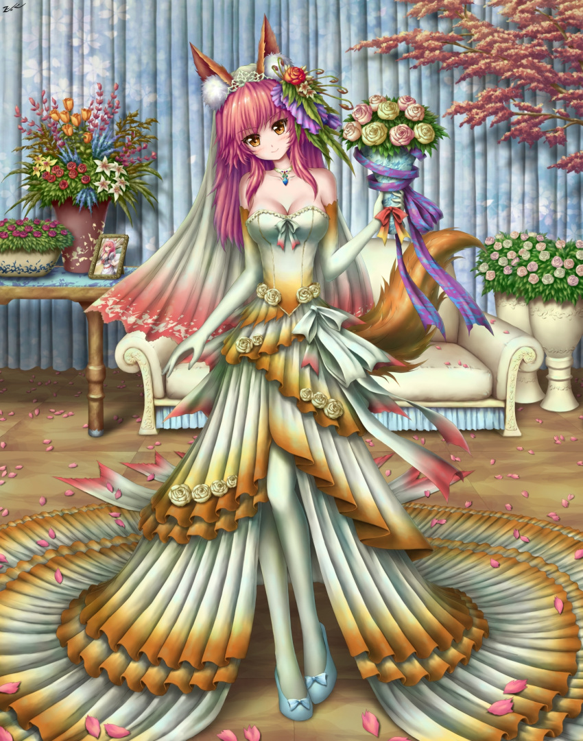 1girl animal_ears bare_shoulders blush bouquet breasts bridal_veil bride brown_eyes cleavage commentary_request couch curtains dress elbow_gloves fate/grand_order fate_(series) flower fox_ears fox_tail full_body gloves hair_flower hair_ornament head_tilt highres holding holding_bouquet jewelry jihadangel long_hair looking_at_viewer medium_breasts necklace orange_dress orange_gloves petals photo_(object) picture_frame pink_hair rose smile solo standing strapless strapless_dress table tail tamamo_(fate)_(all) tamamo_no_mae_(fate) tree two-tone_dress two-tone_gloves veil wedding_dress white_dress white_gloves