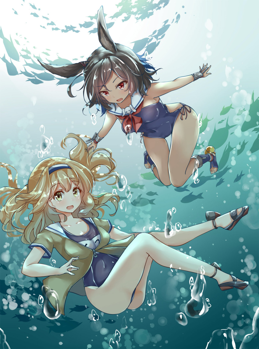 2girls :d :o air_bubble animal animal_ears azur_lane bangs bare_arms bare_shoulders black_footwear black_hair blonde_hair blue_hairband blue_swimsuit blush breasts bubble commentary crossover day eyebrows_visible_through_hair fish floating_hair hair_intakes hairband highres i-26_(azur_lane) i-26_(kantai_collection) kantai_collection long_hair looking_at_viewer multiple_girls namesake neckerchief ocean open_mouth outdoors outstretched_arms red_eyes red_neckwear sailor_collar scarlet_dango school_of_fish school_swimsuit short_hair sidelocks small_breasts smile swimsuit thighs underwater water white_sailor_collar yellow_eyes