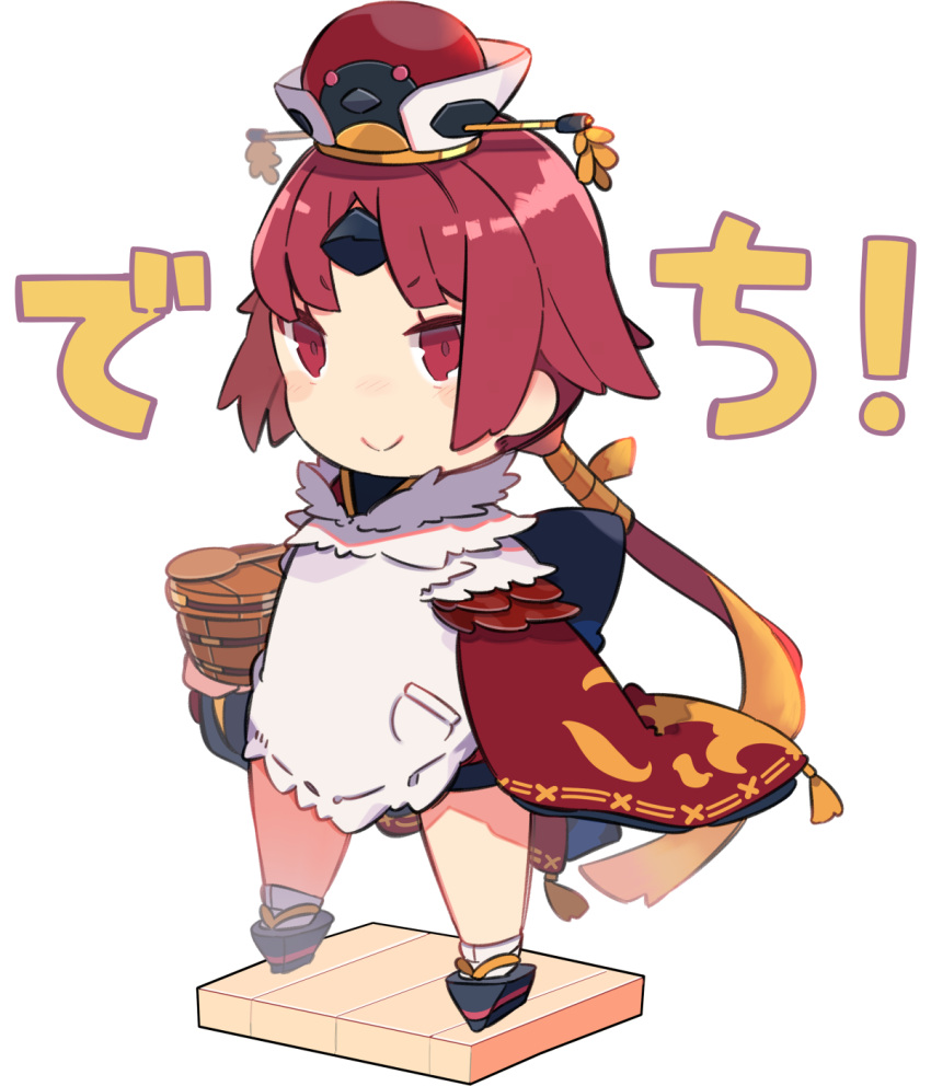 1girl apron benienma_(fate/grand_order) bow chibi commentary_request eyebrows_visible_through_hair fate/grand_order fate_(series) feather_trim full_body geta hair_ribbon hat highres long_sleeves looking_at_viewer pekeko_(pepekekeko) pocket ponytail red_eyes redhead ribbon rice_cooker rice_spoon smile solo standing translated white_background wide_sleeves wood