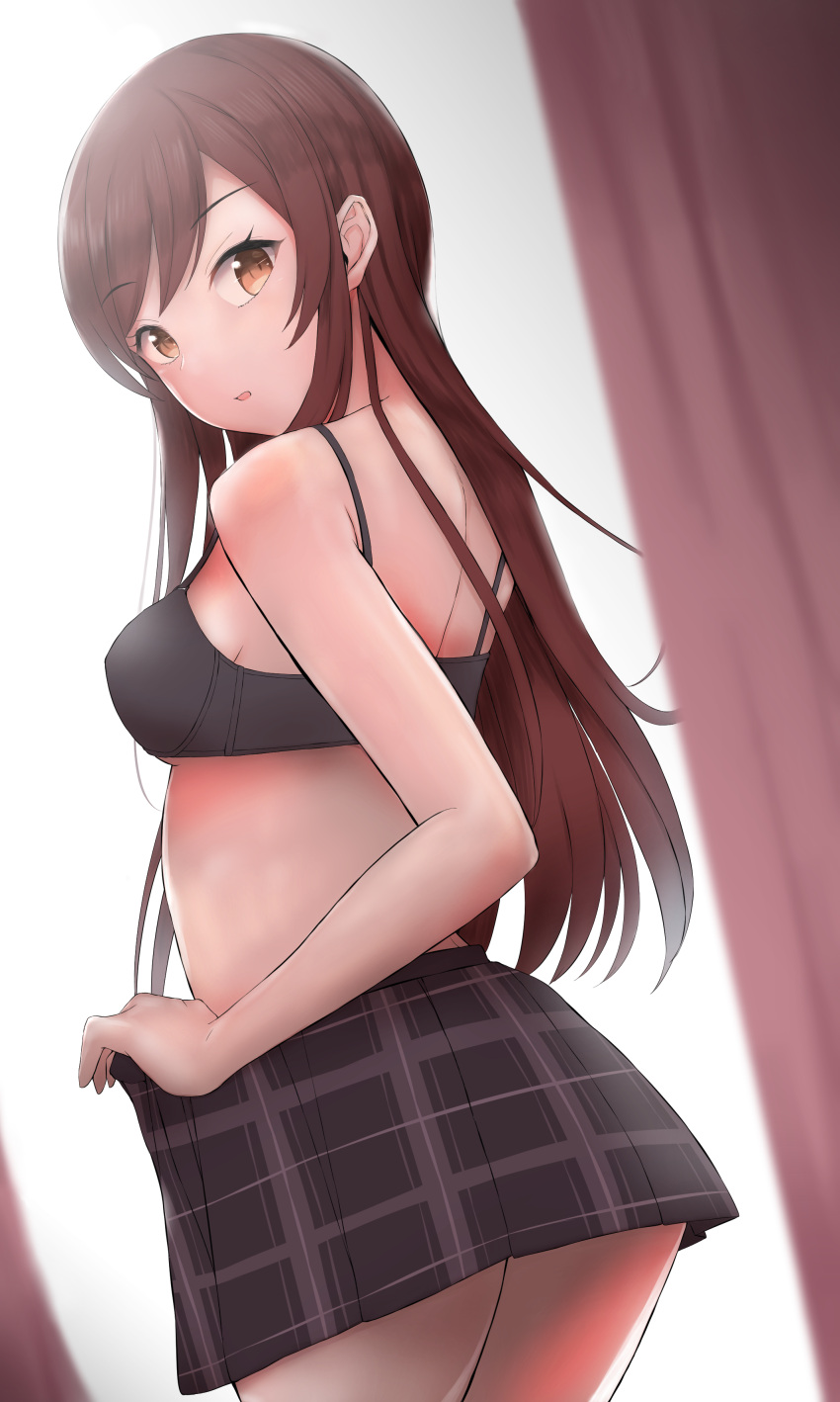 1girl absurdres azuki_cha bangs black_bra bra breasts brown_eyes brown_hair curtains eyebrows_visible_through_hair eyelashes highres idolmaster idolmaster_shiny_colors long_hair looking_at_viewer looking_back nape no_shirt oosaki_amana open_mouth parted_bangs plaid plaid_skirt sideboob sidelocks skirt small_breasts solo sunlight thighs under_boob underwear