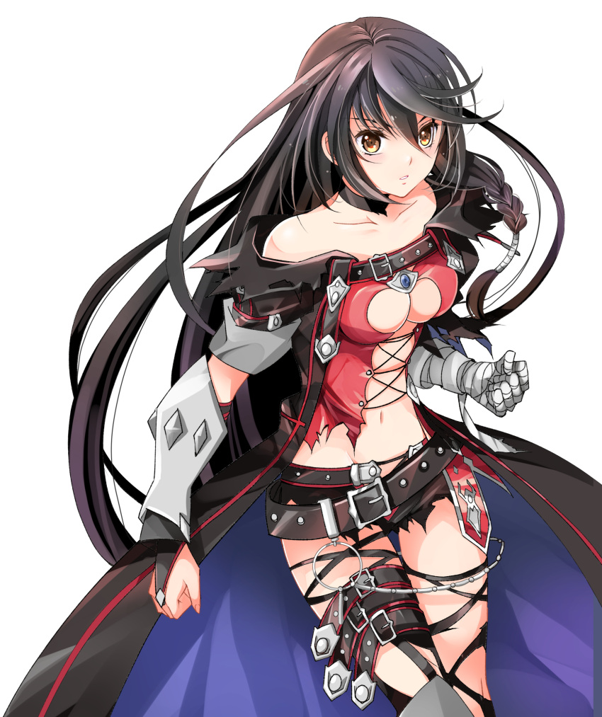 1girl bandage belt black_cape black_hair black_legwear black_shorts braid breasts bridal_gauntlets brown_eyes cape choker cleavage collarbone floating_hair hair_between_eyes highres long_hair looking_at_viewer medium_breasts midriff navel parted_lips short_shorts short_sleeves shorts simple_background solo standing stomach tales_of_(series) tales_of_berseria tinkle2013 torn_clothes torn_legwear torn_shorts velvet_crowe very_long_hair white_background