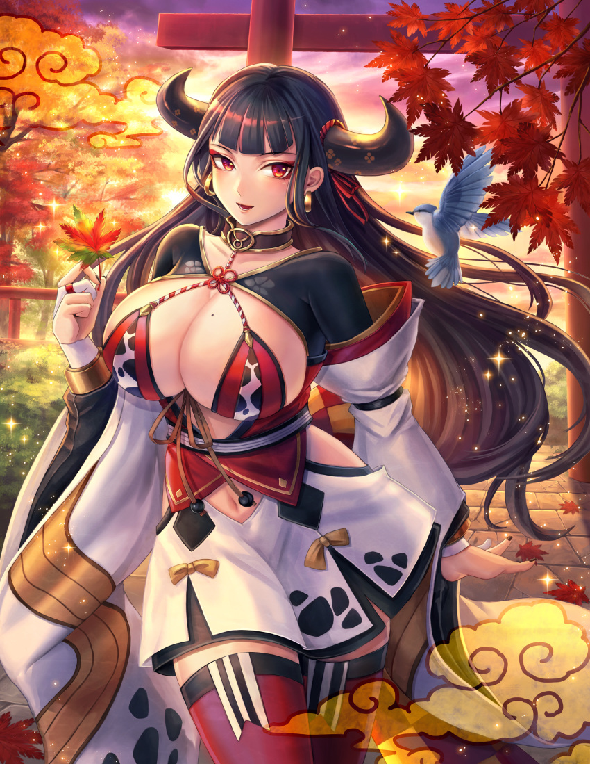 1girl absurdres animal_print autumn autumn_leaves bangs bird black_hair black_nails black_shirt bluebird blunt_bangs breasts bridal_gauntlets center_opening cleavage clouds collar collarbone cow_horns cow_print cowboy_shot detached_sleeves earrings evening eyeshadow highres hip_vent holding holding_leaf horn_ribbon horns japanese_clothes jewelry konomi_(lovecrab) large_breasts layered_skirt leaf long_hair long_sleeves looking_to_the_side makeup mole mole_on_breast nail_polish navel open_mouth re:act red_eyes red_legwear red_ribbon red_vest ribbon rope sash shimenawa shirt smile solo sparkle thigh-highs torii ushio_tia very_long_hair vest virtual_youtuber whorled_clouds wide_sleeves zettai_ryouiki