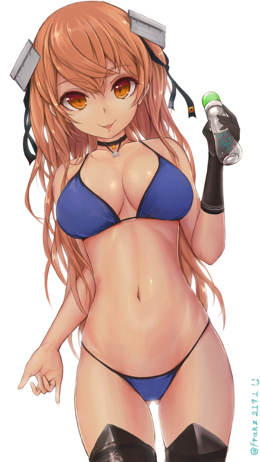 1girl absurdres bikini black_legwear bottle breasts brown_eyes brown_hair cleavage dated franz_(217franz) gluteal_fold highres johnston_(kantai_collection) kantai_collection long_hair long_sleeves looking_at_viewer medium_breasts navel parted_lips simple_background smile solo string_bikini swimsuit thigh-highs twitter_username water_bottle