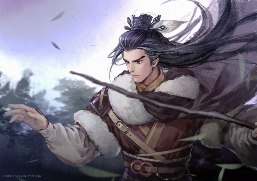 1boy bangs_pinned_back belt blurry blurry_foreground brown_eyes closed_mouth depth_of_field fur_trim hair_ornament holding kangetsu_(fhalei) long_hair long_sleeves male_focus purple_hair red_shirt shang_bu_huan shirt solo thunderbolt_fantasy upper_body