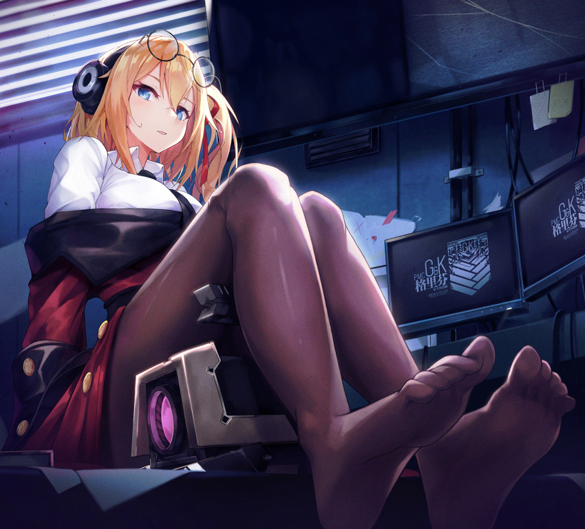 1girl alternate_costume arm_support bangs black-framed_eyewear black_legwear black_neckwear blinds blonde_hair blue_eyes blush breasts broken_screen coat collared_shirt desk dinergate_(girls_frontline) eyebrows_visible_through_hair eyewear_on_head feet from_below girls_frontline glasses gloves hair_between_eyes hair_ornament hair_ribbon highres indoors kalina_(girls_frontline) large_breasts long_hair looking_at_viewer monitor necktie no_shoes off_shoulder on_desk open_clothes open_coat open_mouth pantyhose parted_lips pot-palm red_coat red_ribbon ribbon round_eyewear shirt side_ponytail sitting sleeve_cuffs white_shirt
