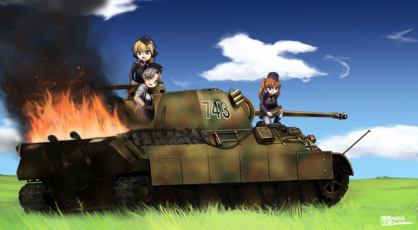 3girls blonde_hair blue_eyes breasts caterpillar_tracks clouds day fire grass green_eyes ground_vehicle hat highres lying military military_hat military_uniform military_vehicle motor_vehicle multiple_girls on_back open_mouth original panzerkampfwagen_panther shirt short_hair silver_hair sky tank tokihama_jirou twintails uniform world_war_ii yellow_eyes