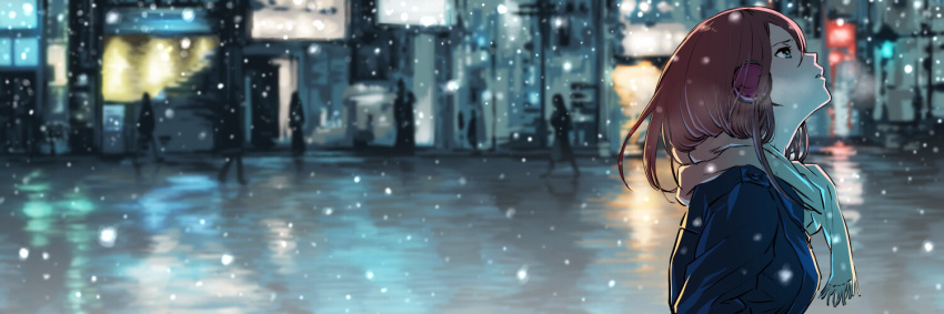 1girl backlighting blue_coat blue_eyes breath brown_hair enpera fringe_trim from_side hair_between_eyes headphones long_hair looking_away looking_up night original outdoors parted_lips profile scarf silhouette snowing solo_focus ume_(yume_uta_da) upper_body winter yellow_scarf