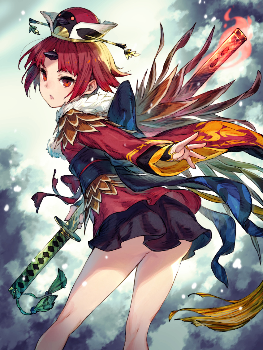 1girl absurdres back_bow bare_legs benienma_(fate/grand_order) bird_hat black_bow black_skirt bow cowboy_shot fate/grand_order fate_(series) highres holding holding_sword holding_weapon horn kusano_shinta leaning_forward looking_at_viewer obi red_eyes red_shirt redhead sash shirt short_hair skirt solo sword weapon