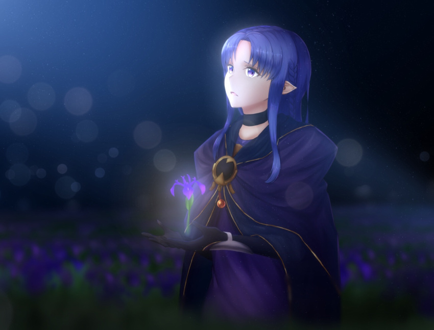 1girl black_gloves blue_hair blurry blurry_background cape caster choker dress fate/stay_night fate_(series) flower gloves lens_flare long_hair looking_up open_mouth pointy_ears purple_cape purple_dress purple_flower solo upper_body violet_eyes zumi6