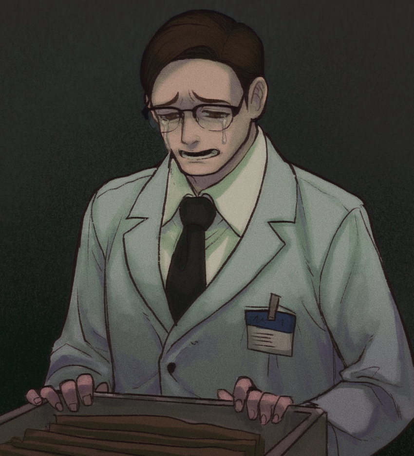 1boy brown_eyes brown_hair crying crying_with_eyes_open edward_nygma glasses gotham gotham_(series) hachiyume highres open_mouth sad short_hair simple_background sobbing solo streaming_tears tears trembling
