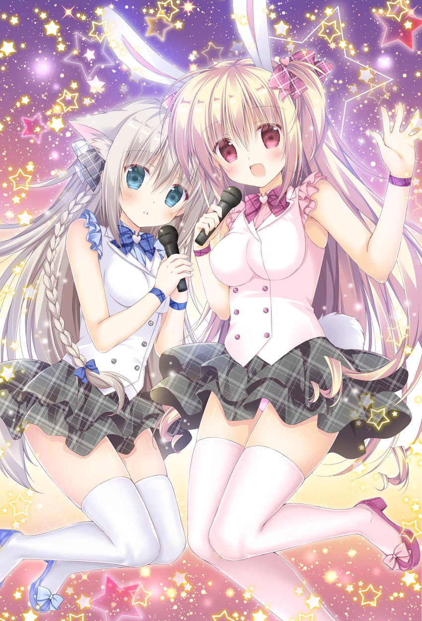 2girls :d absurdres animal_ear_fluff animal_ears blue_eyes blue_footwear blue_shirt blush bow braid breasts brown_hair commentary_request dog_ears fingernails grey_bow grey_skirt hair_bow hand_up heart high_heels highres holding holding_microphone korie_riko layered_skirt long_hair medium_breasts microphone multiple_girls open_mouth original panties parted_lips pink_legwear pink_panties pink_shirt pink_vest plaid plaid_bow plaid_skirt pleated_skirt rabbit_ears red_bow red_eyes shirt shoes side_braid single_braid skirt sleeveless sleeveless_shirt small_breasts smile star thigh-highs underwear very_long_hair vest white_bow white_legwear white_vest