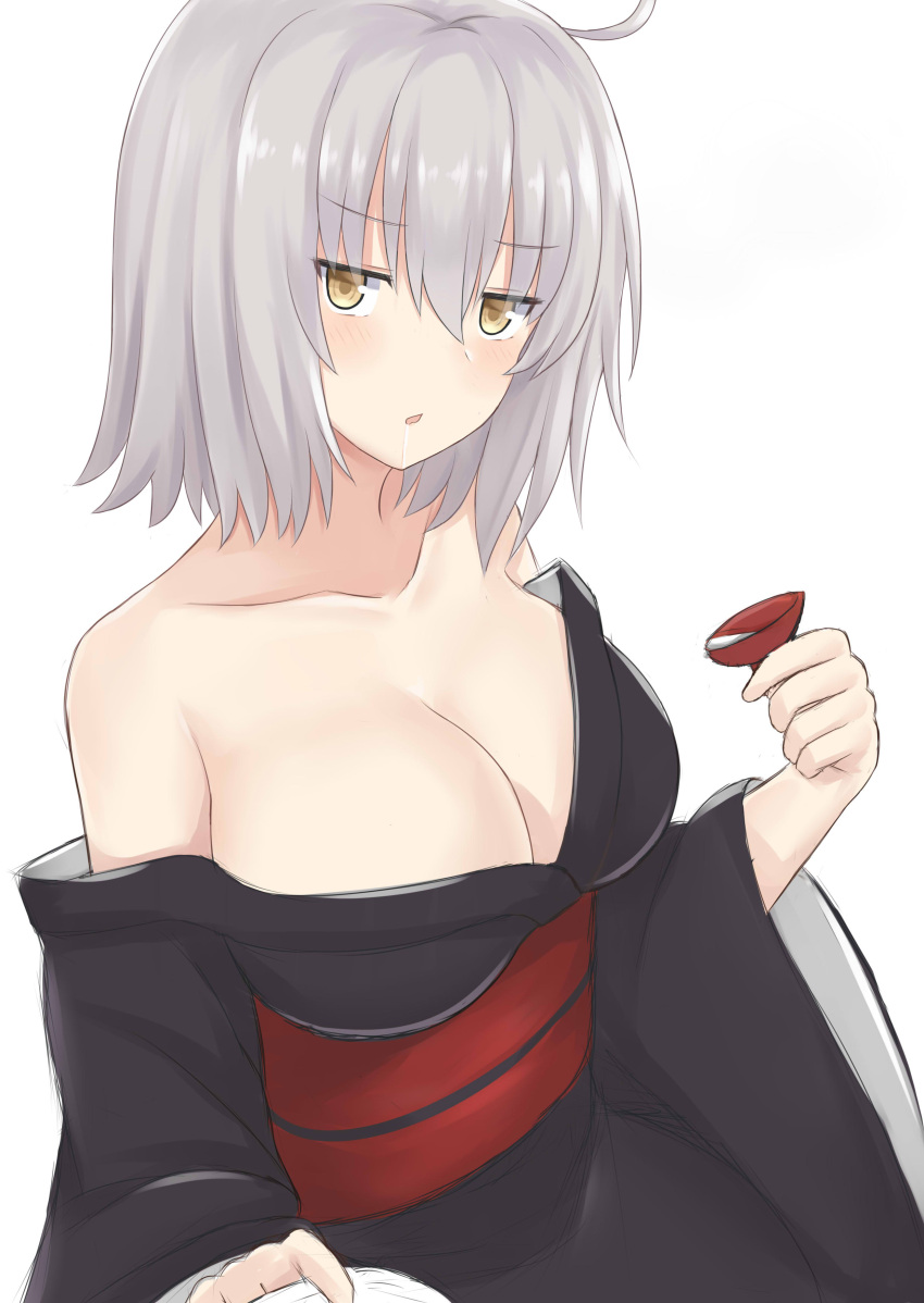1girl absurdres alcohol bangs breasts cleavage commentary_request cowboy_shot eyebrows_visible_through_hair fate/grand_order fate_(series) hair_between_eyes hank_(spider921) highres japanese_clothes jeanne_d'arc_(alter)_(fate) jeanne_d'arc_(fate)_(all) kimono large_breasts looking_at_viewer obi off_shoulder open_mouth sake sash short_hair silver_hair solo tsurime white_background yellow_eyes