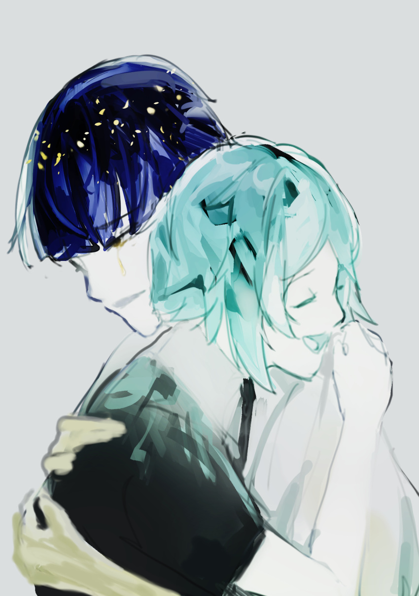 2others androgynous aqua_hair bangs blue_hair blunt_bangs closed_eyes crying crystal_hair dual_persona gem_uniform_(houseki_no_kuni) golden_arms grey_background highres houseki_no_kuni hug multiple_others multiple_persona necktie phosphophyllite phosphophyllite_(ll) short_hair shouka_(ly880217) smile spoilers tears upper_body