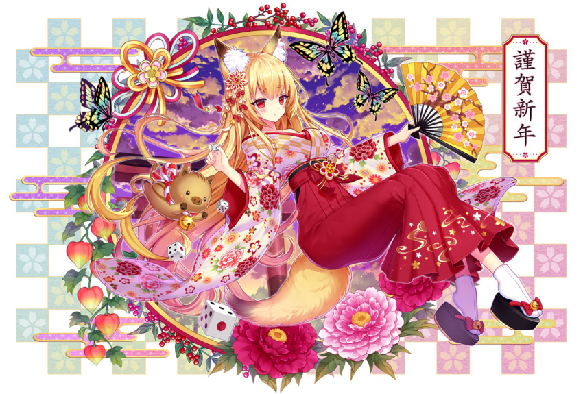 1girl animal animal_ear_fluff animal_ears bangs barefoot bell berry blonde_hair blush boar bow braid bug butterfly checkered checkered_background clouds commentary_request dice egasumi eyebrows_visible_through_hair fan floral_print flower fox_ears fox_girl full_body geta glint hair_ornament hakama holding holding_fan insect japanese_clothes jingle_bell kasugaya_(howafuwacat) kimono leaf long_hair long_sleeves looking_at_viewer off_shoulder original parted_lips pink_flower print_kimono red_bow red_eyes red_hakama rope shimenawa short_eyebrows solo tabi torii very_long_hair white_kimono white_legwear wide_sleeves