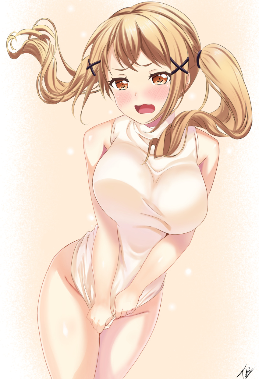 1girl absurdres bang_dream! blonde_hair blush bottomless breast_squeeze breasts brown_eyes covering covering_crotch cowboy_shot embarrassed highres ichigaya_arisa large_breasts leaning_forward looking_at_viewer off-shoulder_sweater off_shoulder open_mouth simple_background sweater tokisan turtleneck twintails wavy_mouth white_sweater