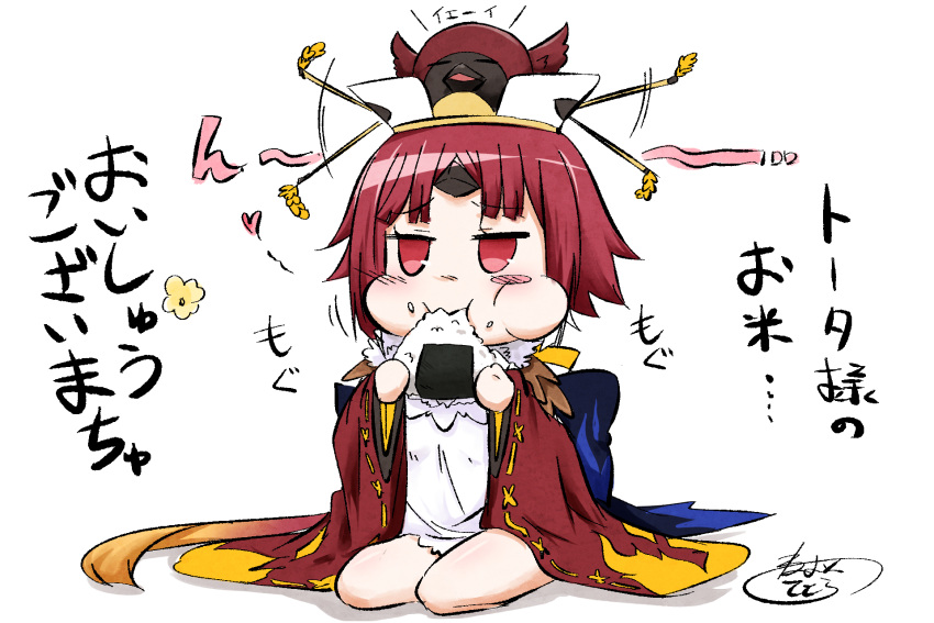1girl apron benienma_(fate/grand_order) brown_hat chibi closed_mouth commentary_request eating expressive_clothes facing_viewer fate/grand_order fate_(series) food food_on_face full_body hat highres holding holding_food long_sleeves neon-tetora onigiri puffy_cheeks red_eyes redhead ribbon-trimmed_sleeves ribbon_trim rice rice_on_face seiza shadow signature sitting solo translation_request white_apron white_background wide_sleeves